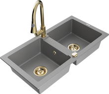 Mexen Mario granite double bowl kitchen sink with Elia faucet, gray - 6504-71-670101-50