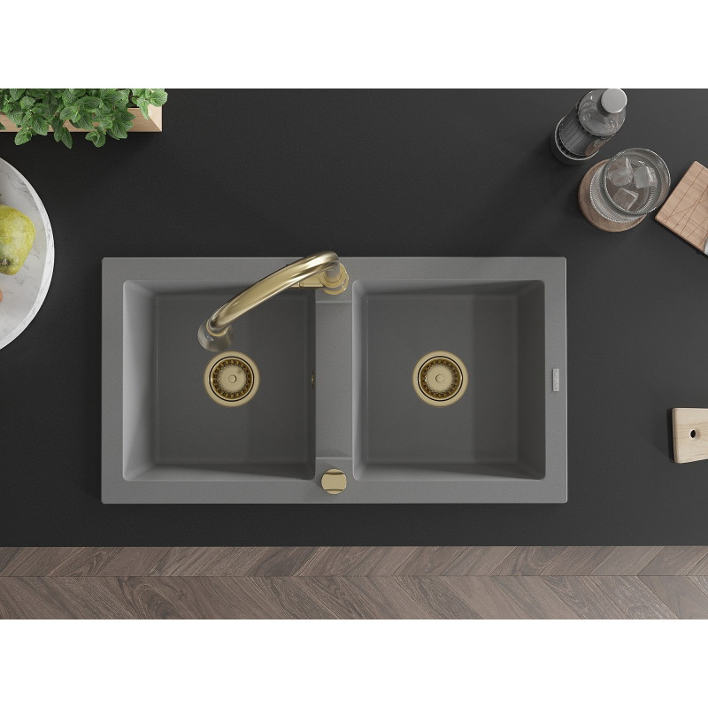 Mexen Mario 2-bowl Granite Sink with Elia Kitchen Faucet, Gray - 6504-71-670101-50