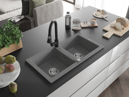 Mexen Mario granite double-bowl sink with Elia kitchen faucet, gray - 6504-71-670101-70