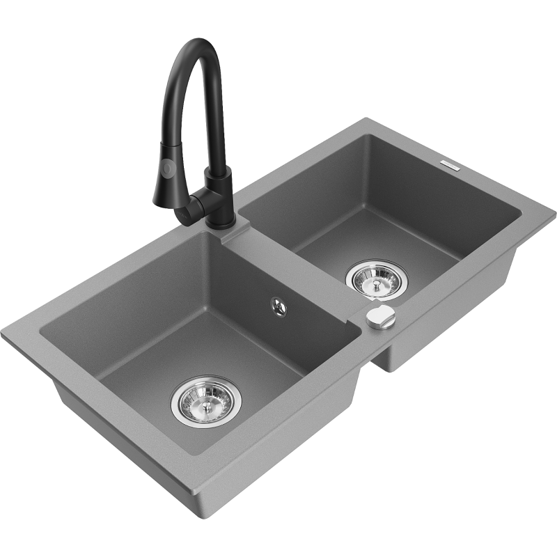 Mexen Mario 2-bowl granite sink with Elia kitchen tap, grey - 6504-71-670101-70