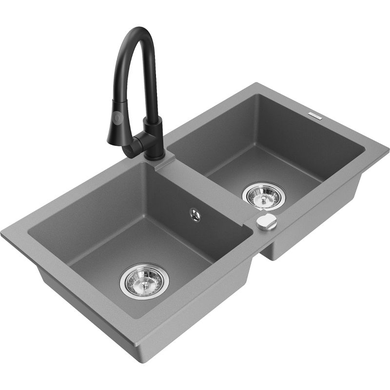Mexen Mario 2-compartment granite sink with a kitchen mixer tap Elia, Grey - 6504-71-670101-70