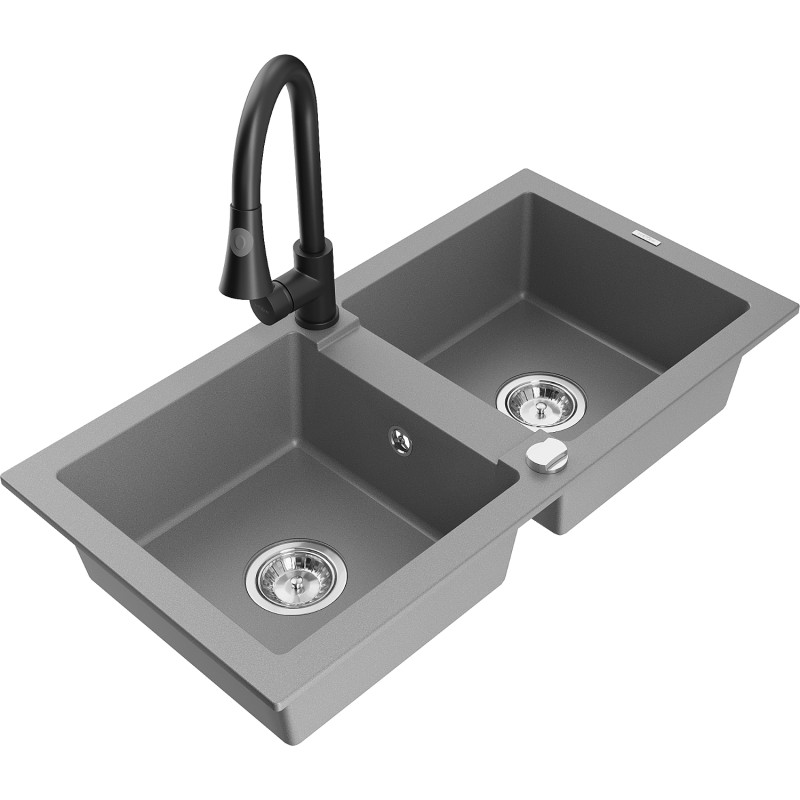 Mexen Mario granite double-bowl sink with Elia kitchen faucet, gray - 6504-71-670101-70