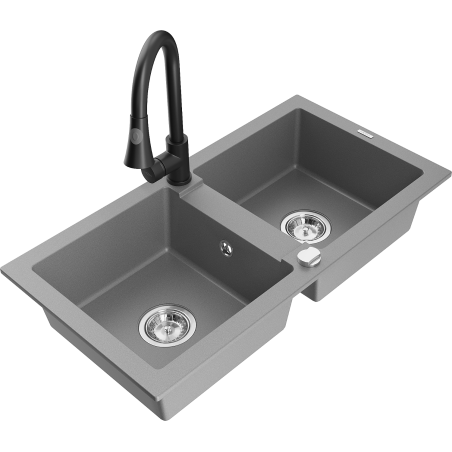 Mexen Mario 2-bowl granite sink with Elia kitchen tap, grey - 6504-71-670101-70