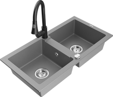 Mexen Mario granite double-bowl sink with Elia kitchen faucet, gray - 6504-71-670101-70
