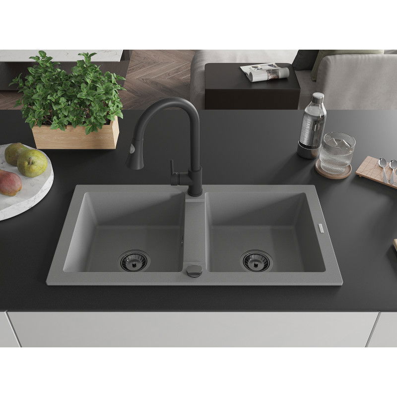 Mexen Mario granite sink 2-bowl with Elia kitchen tap, grey - 6504-71-670101-70-B