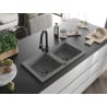 Mexen Mario granite sink 2-bowl with Elia kitchen tap, grey - 6504-71-670101-70-B
