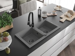 Mexen Mario 2-bowl granite sink with Elia kitchen faucet, gray - 6504-71-670101-70-B