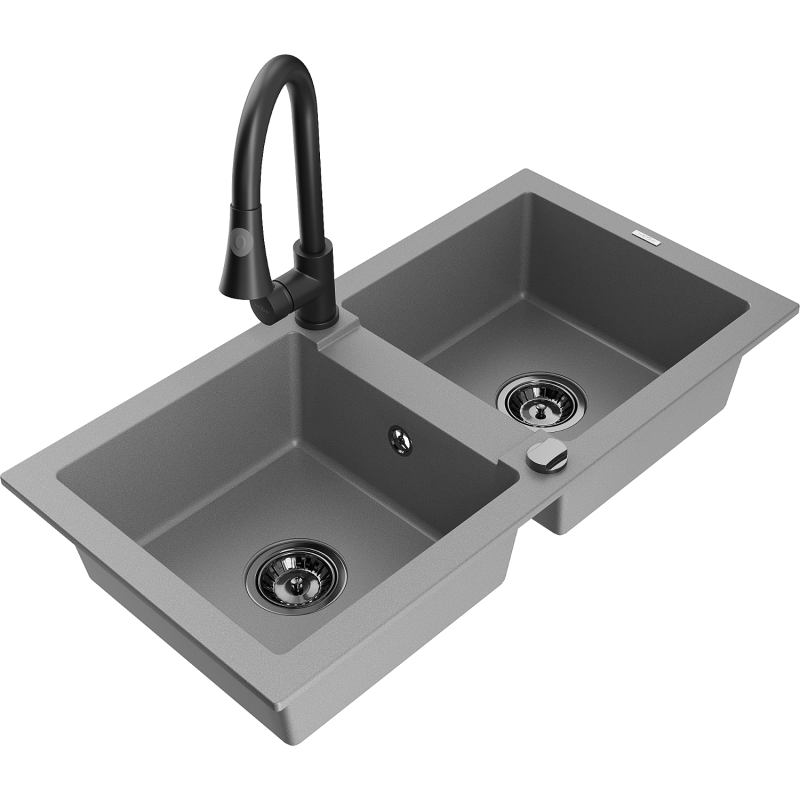 Mexen Mario 2-compartment granite sink with a kitchen mixer tap Elia, Grey - 6504-71-670101-70-B