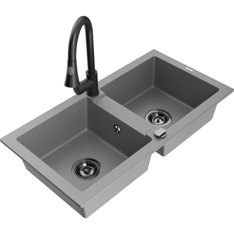 Mexen Mario granite double-bowl sink with Elia kitchen faucet, gray - 6504-71-670101-70-B