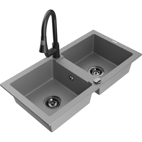 Mexen Mario granite double-bowl sink with Elia kitchen faucet, gray - 6504-71-670101-70-B