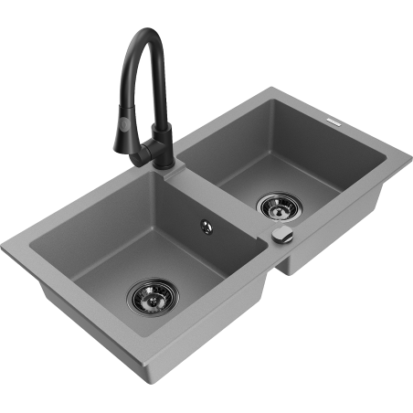 Mexen Mario granite sink 2-bowl with Elia kitchen tap, grey - 6504-71-670101-70-B