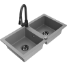 Mexen Mario granite sink 2-bowl with Elia kitchen tap, grey - 6504-71-670101-70-B