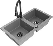 Mexen Mario 2-bowl granite sink with Elia kitchen faucet, gray - 6504-71-670101-70-B