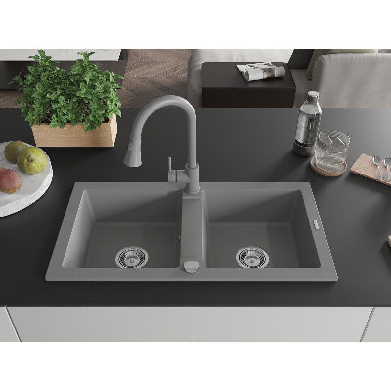 Mexen Mario granite sink 2-bowl with Elia kitchen mixer, grey - 6504-71-670101-71