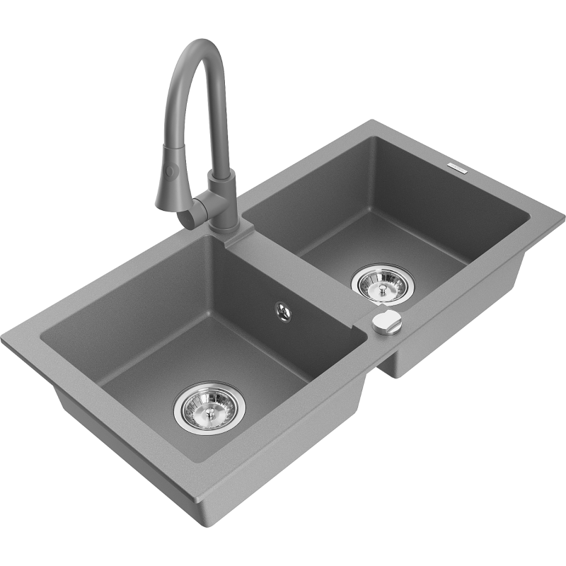 Mexen Mario 2-compartment granite sink with a kitchen mixer tap Elia, Grey - 6504-71-670101-71