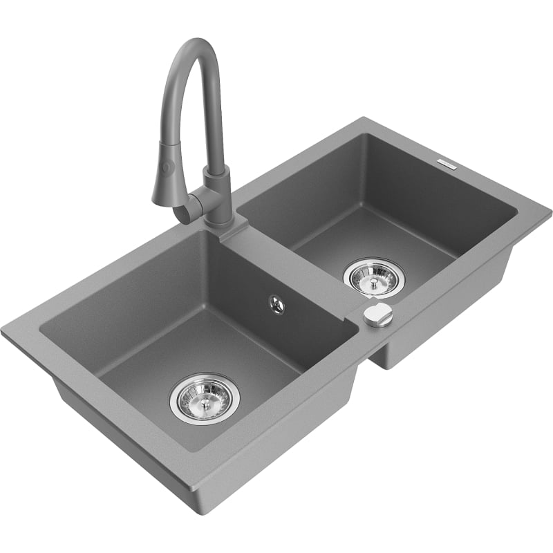 Mexen Mario granite double-bowl kitchen sink with Elia kitchen faucet, gray - 6504-71-670101-71