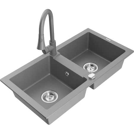 Mexen Mario granite double-bowl kitchen sink with Elia kitchen faucet, gray - 6504-71-670101-71