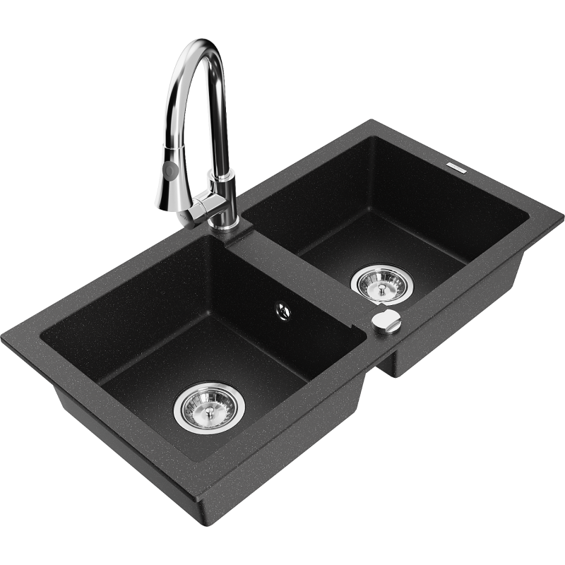 Mexen Mario 2-compartment granite sink with a kitchen mixer tap Elia, Black/Silver metallic - 6504-73-670101-00