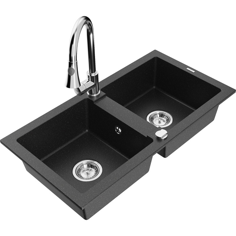 Mexen Mario granite double-bowl sink with kitchen faucet Elia, black/silver metallic - 6504-73-670101-00