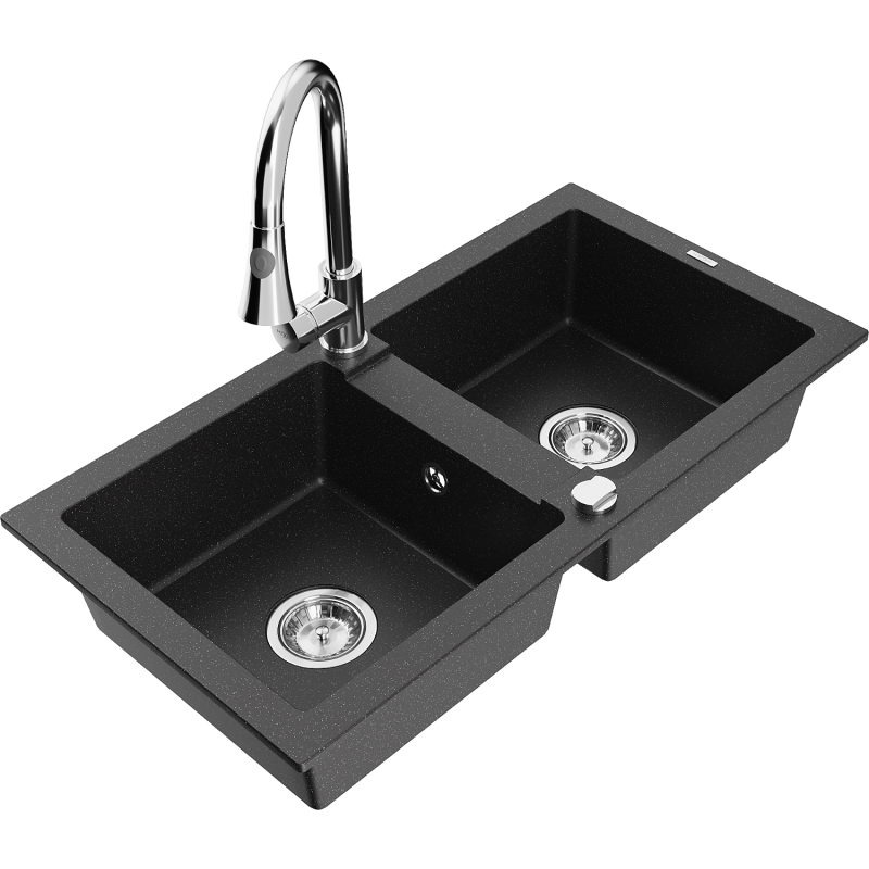 Mexen Mario granite sink 2-bowl with Elia kitchen tap, black/silver metallic - 6504-73-670101-00