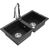 Mexen Mario granite sink 2-bowl with Elia kitchen tap, black/silver metallic - 6504-73-670101-00