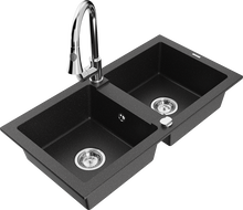 Mexen Mario granite sink double-bowl with Elia kitchen faucet, black/silver metallic - 6504-73-670101-00