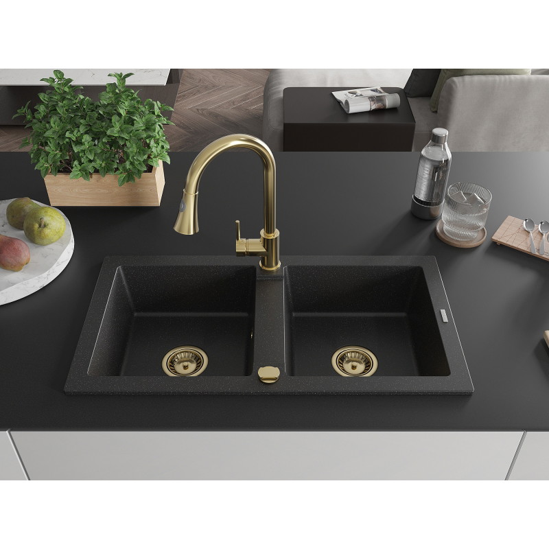 Mexen Mario granite sink 2-bowl with Elia kitchen faucet, black/silver metallic - 6504-73-670101-50