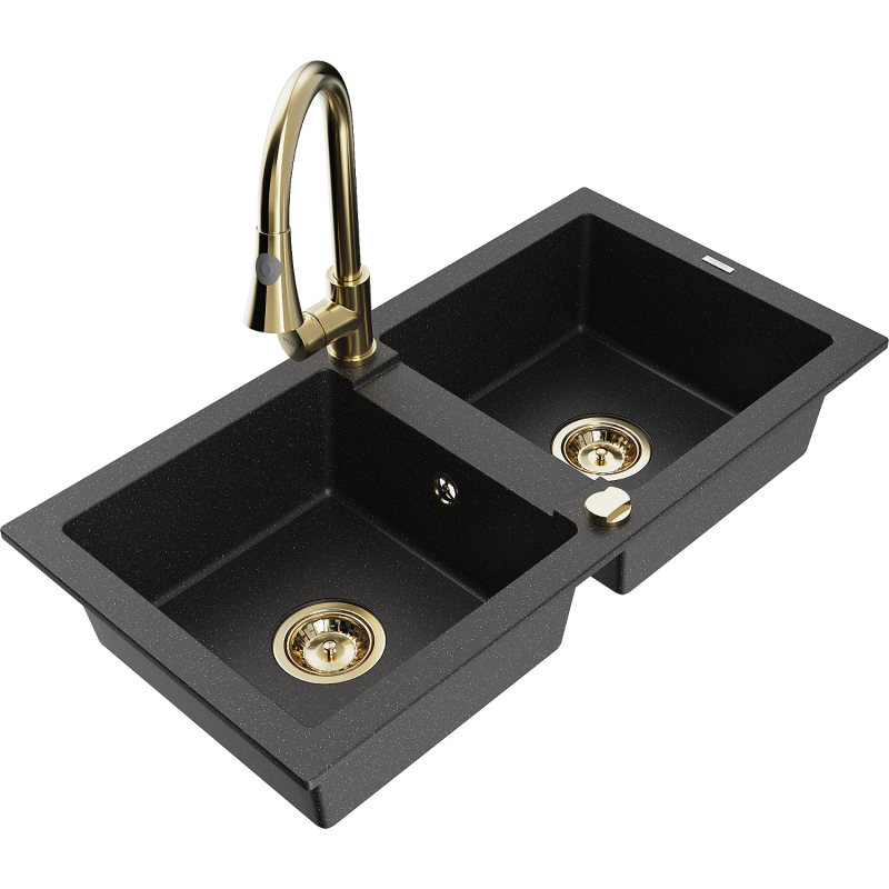 Mexen Mario 2-compartment granite sink with a kitchen mixer tap Elia, Black/Silver metallic - 6504-73-670101-50