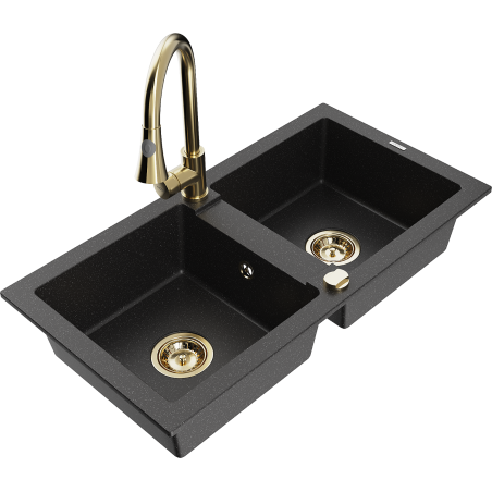 Mexen Mario 2-Bowl Granite Kitchen Sink with Elia Faucet, Black/Silver Metallic - 6504-73-670101-50