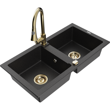 Mexen Mario 2-chamber granite sink with Elia kitchen faucet, black/silver metallic - 6504-73-670101-50