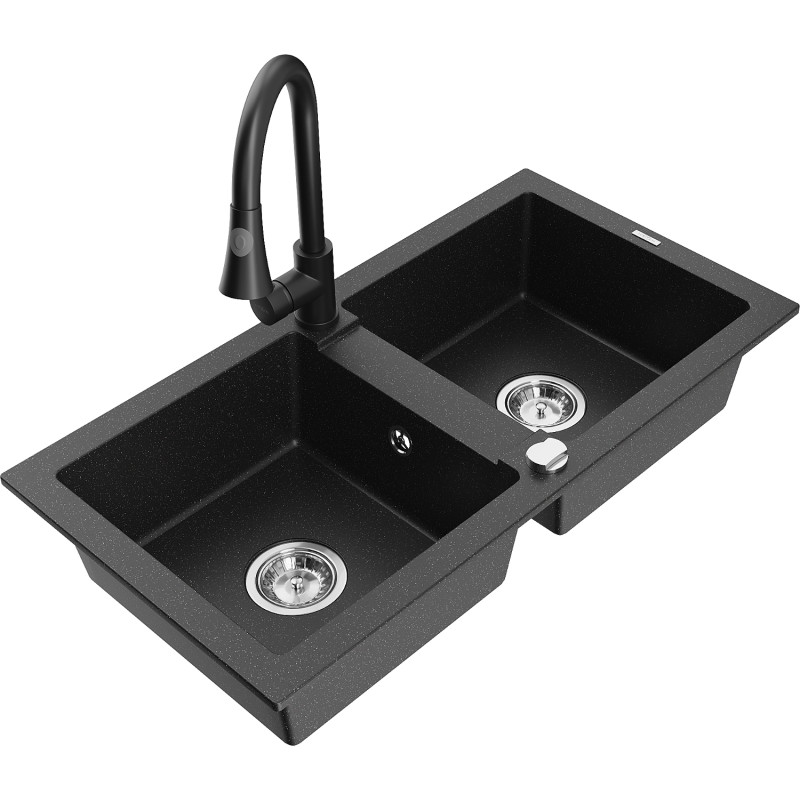 Mexen Mario 2-bowl granite sink with Elia kitchen faucet, black/silver metallic - 6504-73-670101-70
