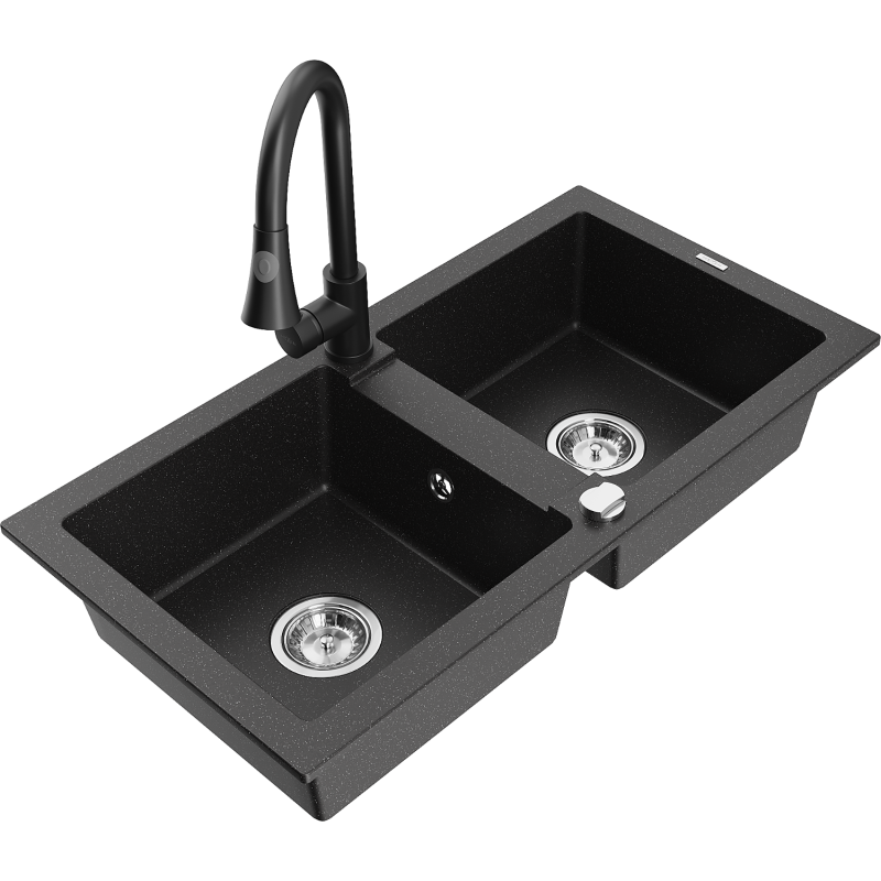 Mexen Mario 2-bowl Granite Sink with Elia Kitchen Tap, Black/Silver Metallic - 6504-73-670101-70