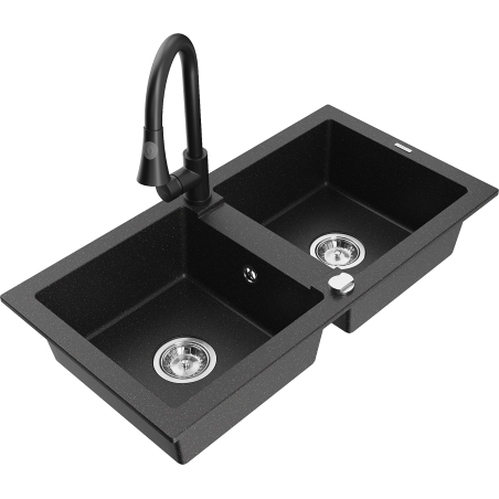 Mexen Mario 2-bowl granite sink with Elia kitchen faucet, black/silver metallic - 6504-73-670101-70