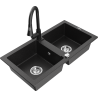 Mexen Mario granite double-bowl kitchen sink with Elia faucet, black/silver metallic - 6504-73-670101-70