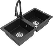 Mexen Mario granite double-bowl kitchen sink with Elia faucet, black/silver metallic - 6504-73-670101-70