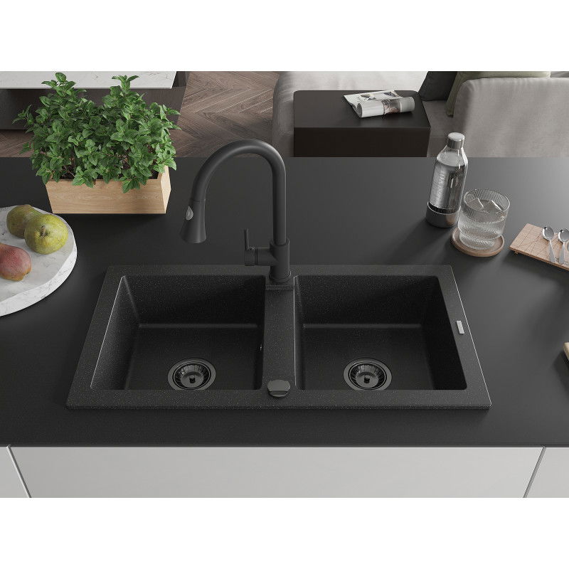 Mexen Mario granite sink 2-bowl with Elia kitchen tap, black/silver metallic - 6504-73-670101-70-B