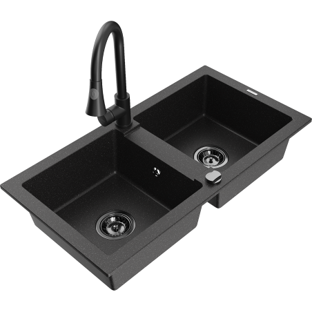 Mexen Mario 2-bowl granite sink with Elia kitchen faucet, black/silver metallic - 6504-73-670101-70-B
