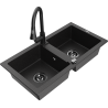 Mexen Mario 2-bowl granite sink with Elia kitchen faucet, black/silver metallic - 6504-73-670101-70-B