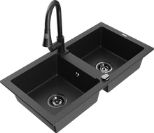 Mexen Mario 2-bowl granite sink with Elia kitchen faucet, black/silver metallic - 6504-73-670101-70-B