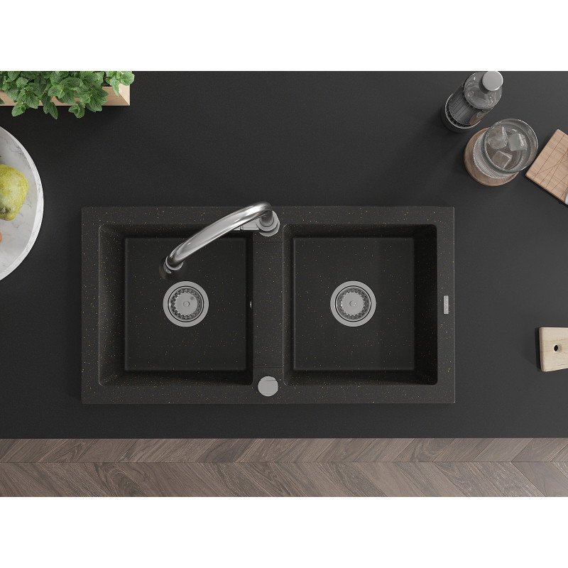 Mexen Mario 2-bowl granite sink with Elia kitchen faucet, black/gold metallic - 6504-75-670101-00