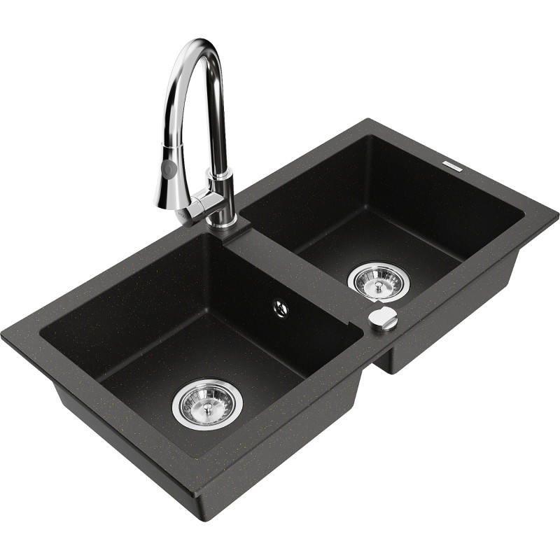 Mexen Mario 2-bowl granite sink with Elia kitchen faucet, black/gold metallic - 6504-75-670101-00