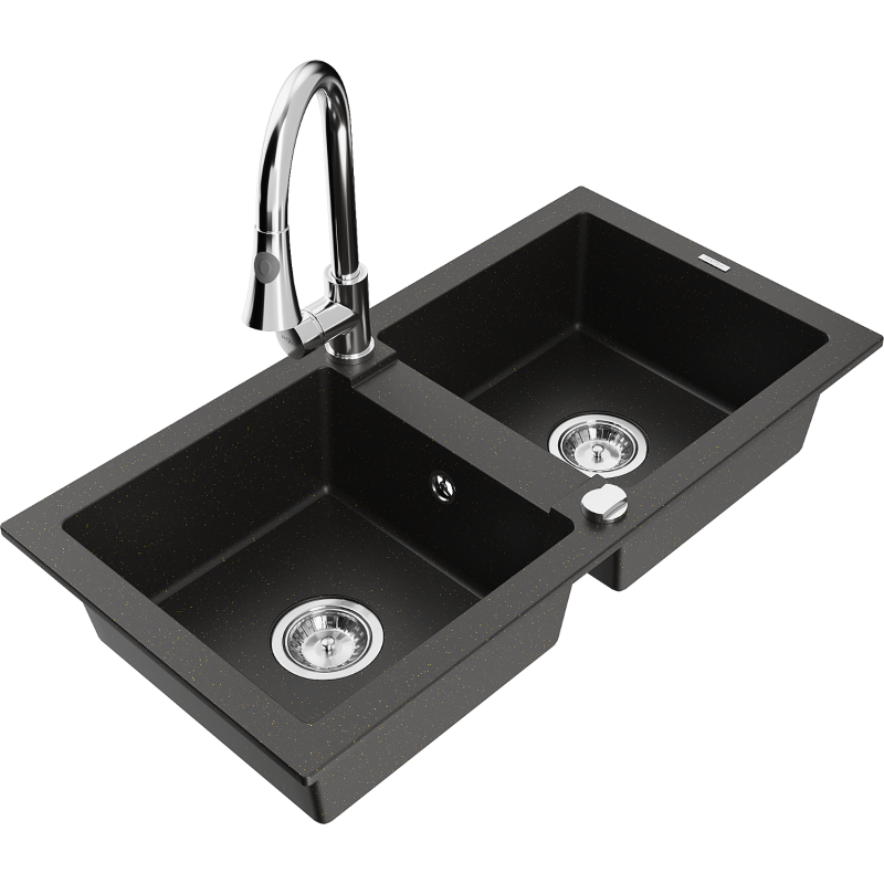 Mexen Mario 2-bowl granite sink with Elia kitchen tap, black/gold metallic - 6504-75-670101-00