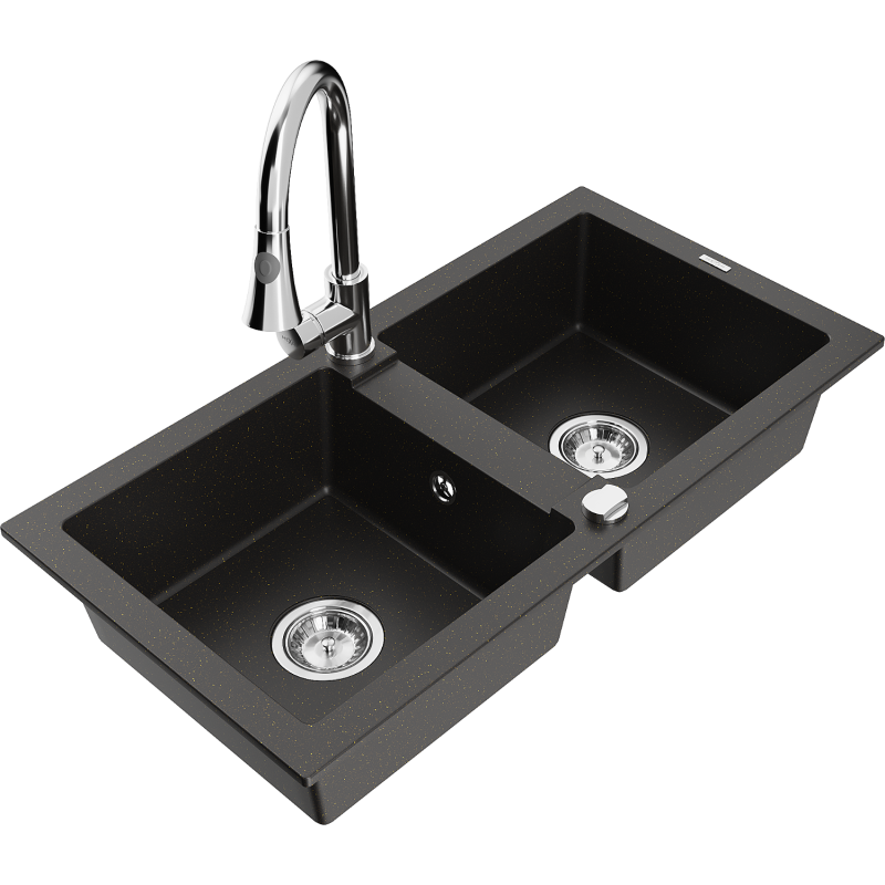 Mexen Mario 2-compartment granite sink with a kitchen mixer tap Elia, Black/Gold metallic - 6504-75-670101-00