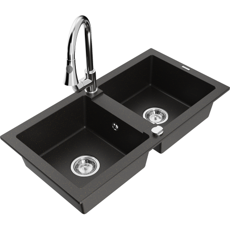Mexen Mario 2-chamber granite sink with Elia kitchen faucet, black/gold metallic - 6504-75-670101-00