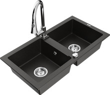 Mexen Mario 2-chamber granite sink with Elia kitchen faucet, black/gold metallic - 6504-75-670101-00