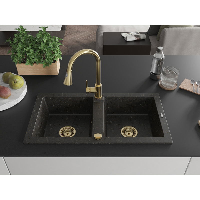 Mexen Mario 2-bowl granite sink with Elia kitchen tap, black/gold metallic - 6504-75-670101-50