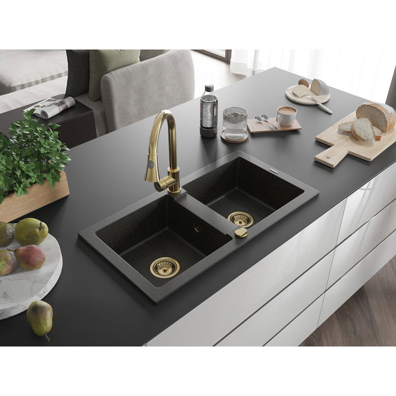 Mexen Mario 2-bowl granite sink with Elia kitchen tap, black/gold metallic - 6504-75-670101-50
