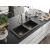 Mexen Mario 2-chamber granite sink with Elia kitchen faucet, black/gold metallic - 6504-75-670101-50