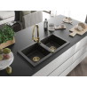 Mexen Mario granite double-bowl sink with Elia kitchen faucet, black/golden metallic - 6504-75-670101-50