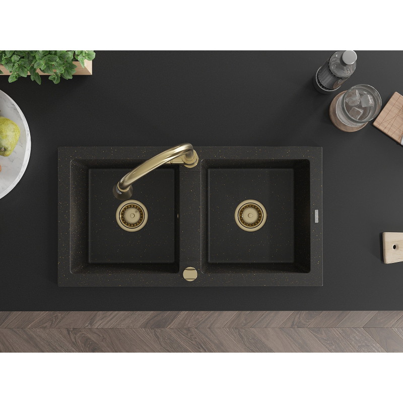 Mexen Mario granite double-bowl sink with Elia kitchen faucet, black/golden metallic - 6504-75-670101-50